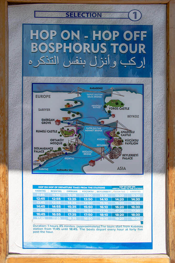 The timetable and route for the Bosphorus tour in Istanbul
