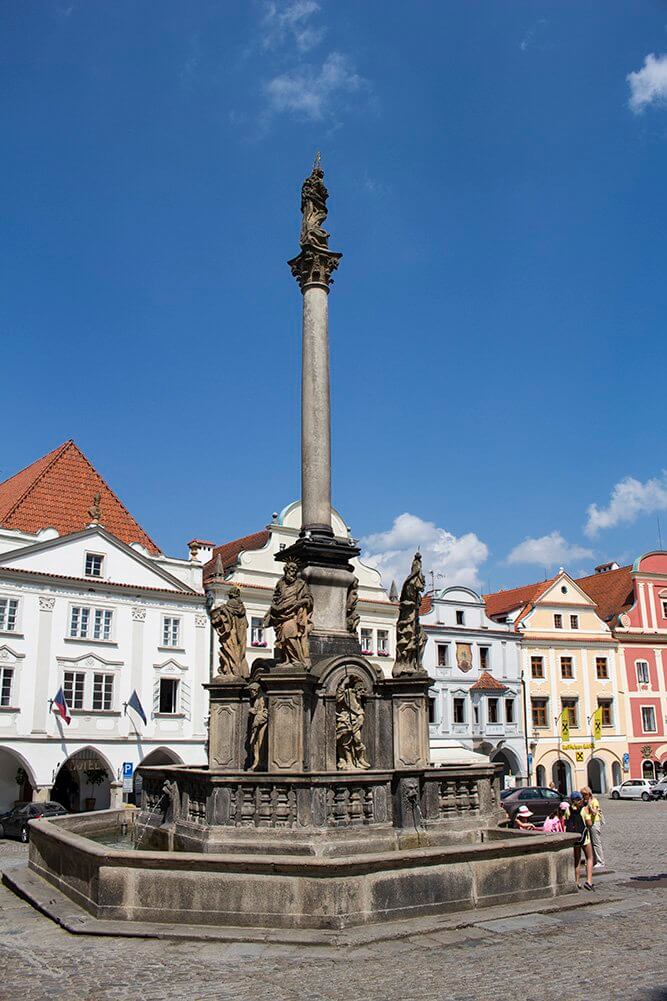 The-Plague-Column-on-Svornosti-Square-in-Cesky-Krumlov in Czech Republic